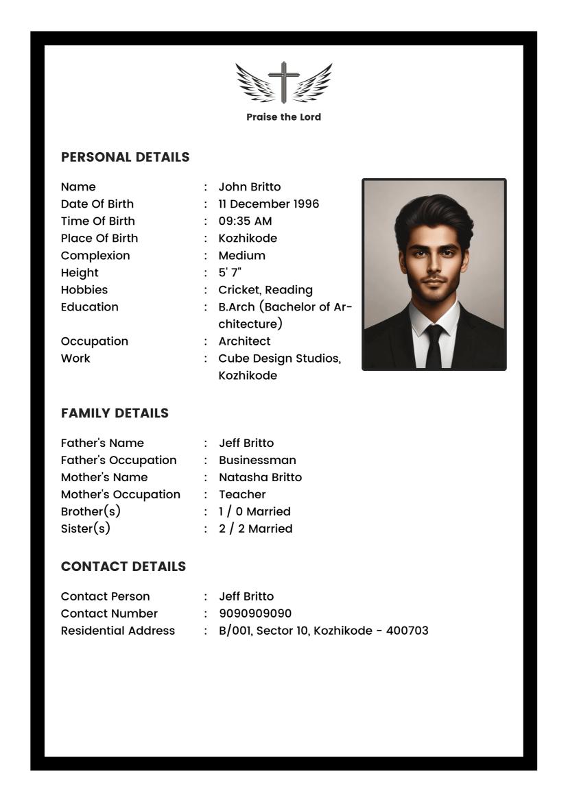 Christian marriage biodata template sample