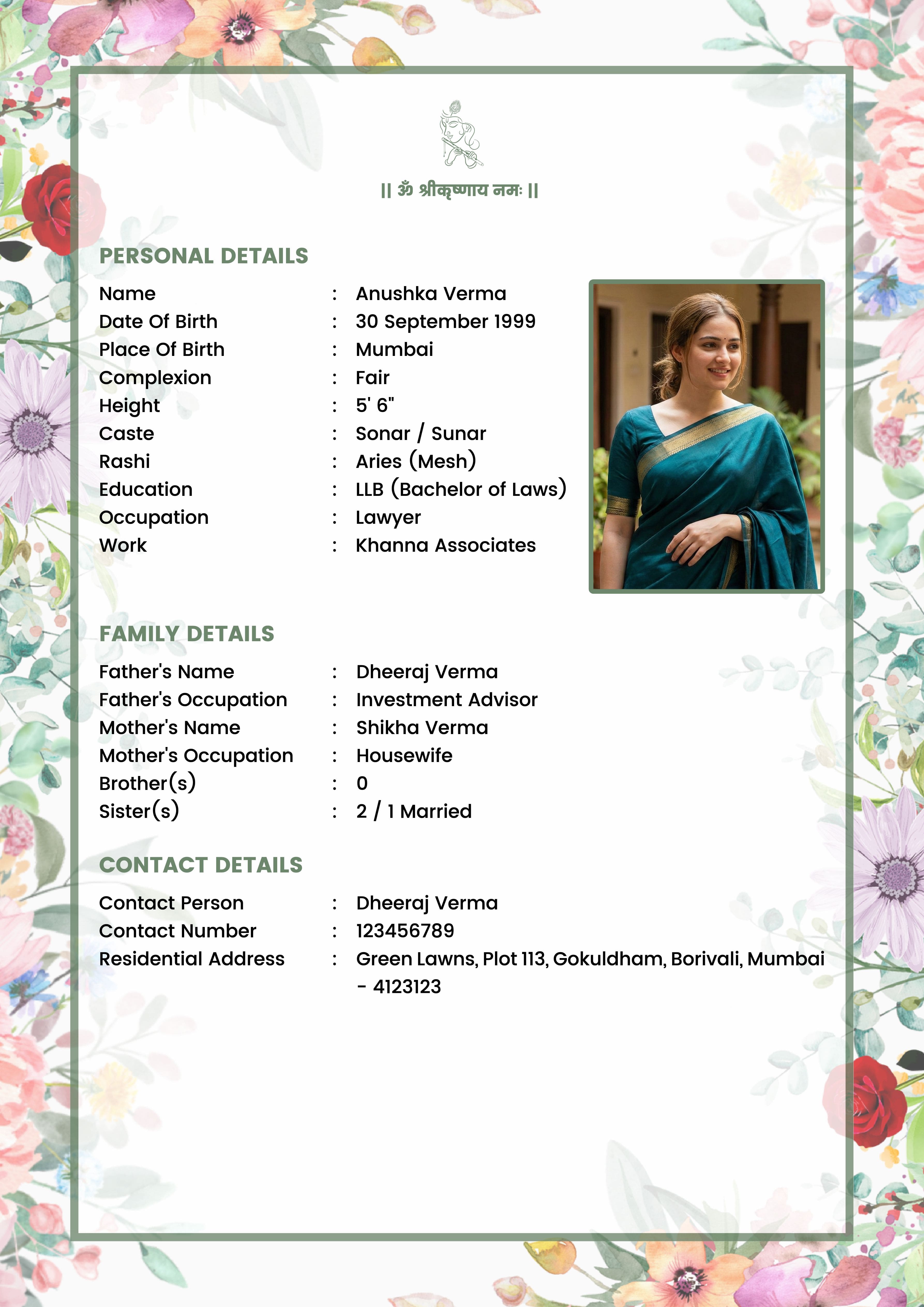 Hindu Girl Floral marriage biodata template sample