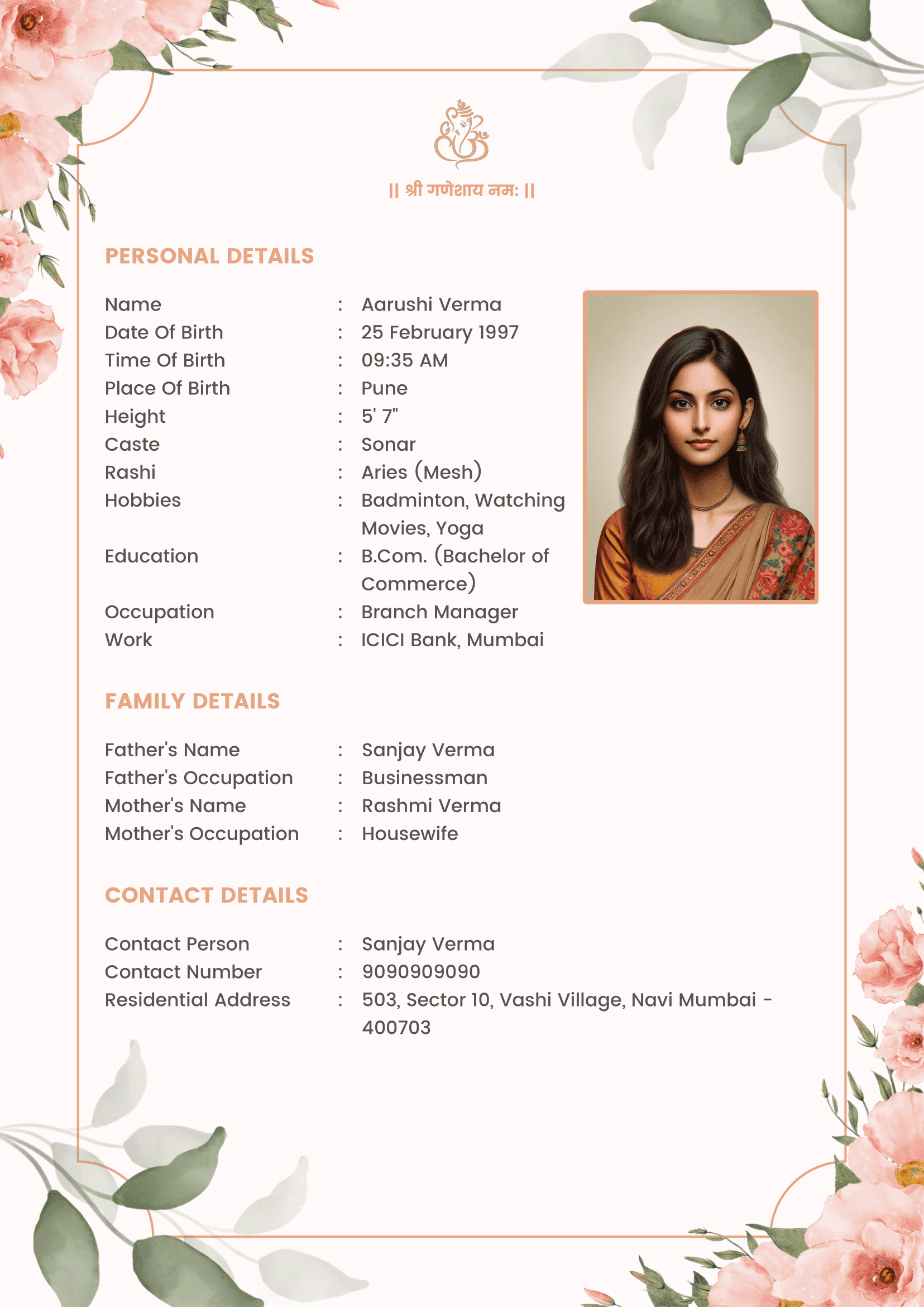 Girl marriage biodata template sample