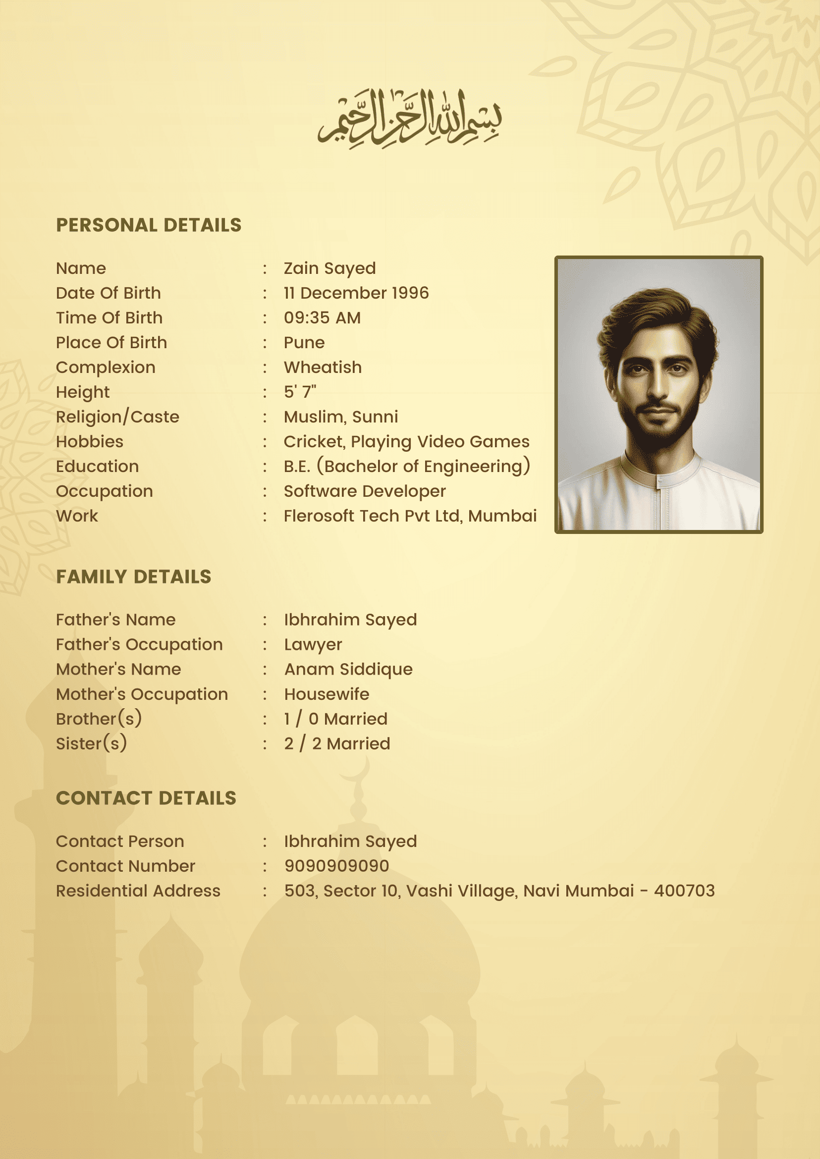Muslim Boy marriage biodata template sample