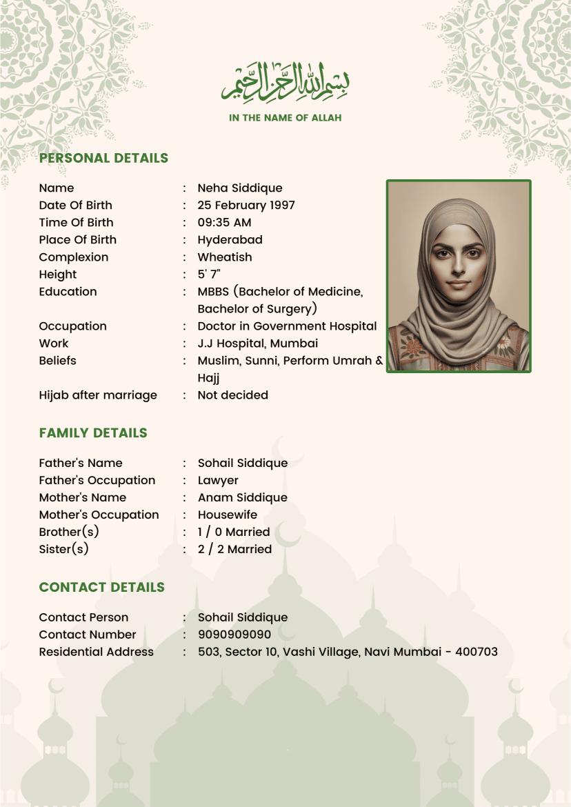 Muslim Girl marriage biodata template sample