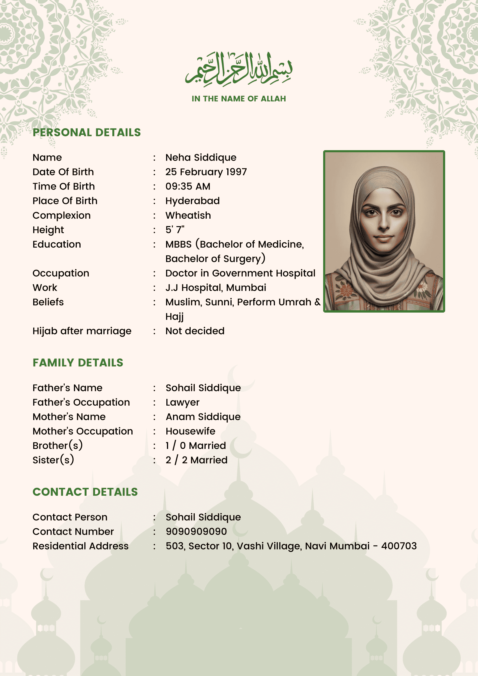 Muslim Girl marriage biodata template sample