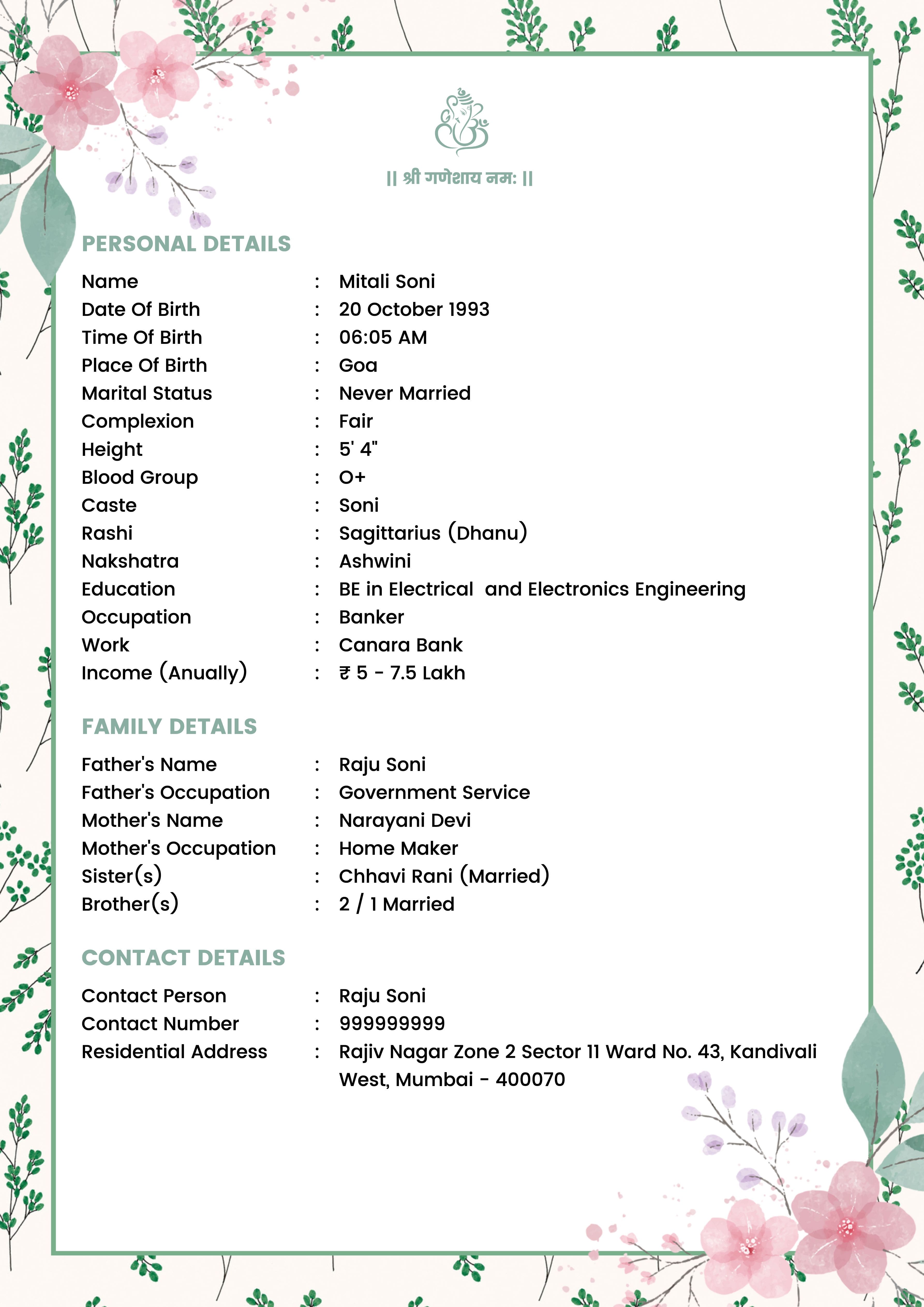 Hindu Floral marriage biodata template sample
