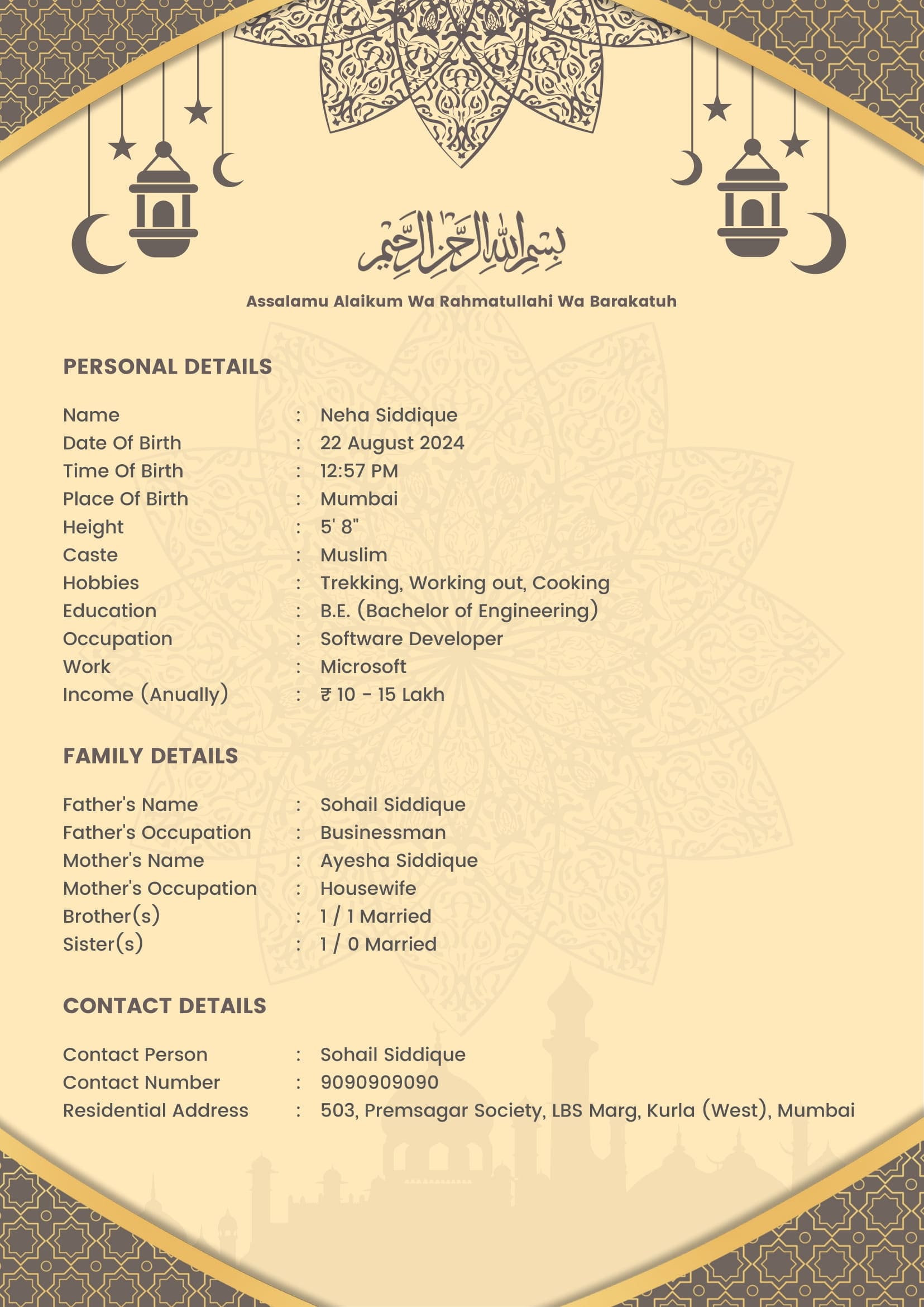 Muslim marriage biodata template sample