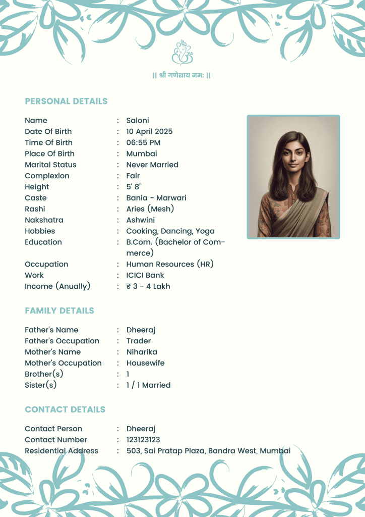 Female biodata for marriage