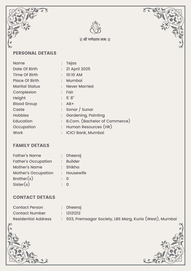 Groom Biodata Sample
