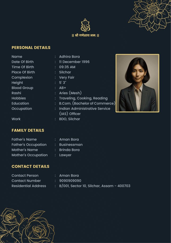 Professional female biodata