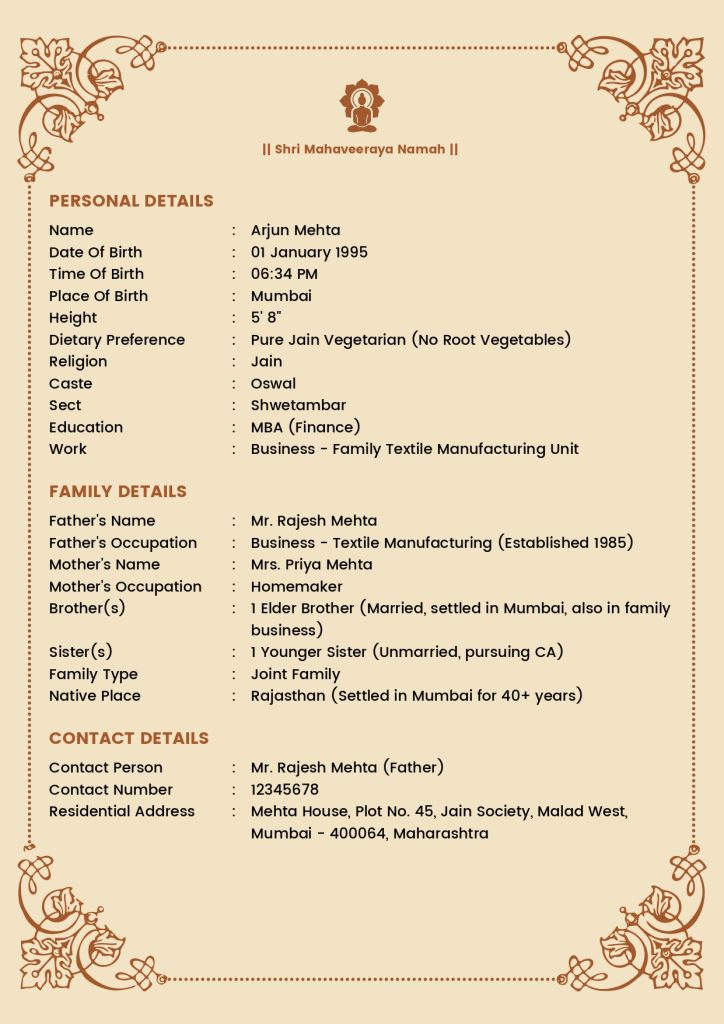 Jain Marriage biodata Sample Template