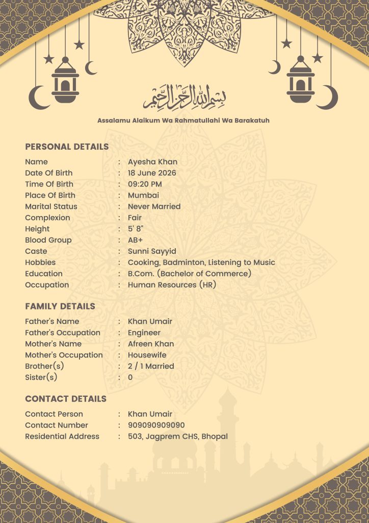 Muslim girl marriage biodata