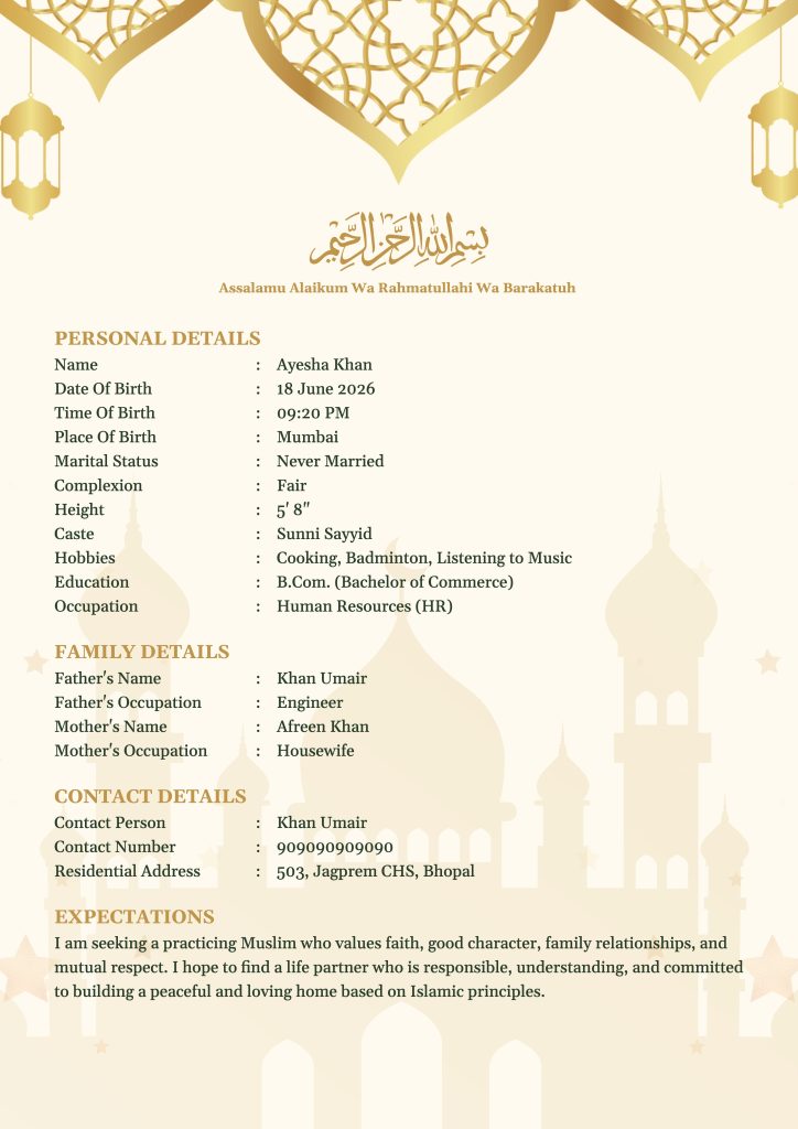 Muslim girl biodata with islamic beliefs