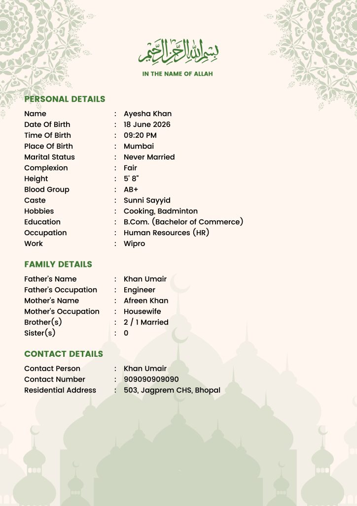 bio data for marriage muslim girl without photo