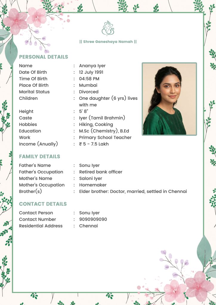 Divorcee biodata for marriage – sample format for bride with child
